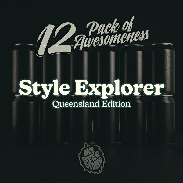 Black and white banner for the '12 Pack of Awesomeness Style Explorer Queensland Edition' with a My Beer Dealer logo.