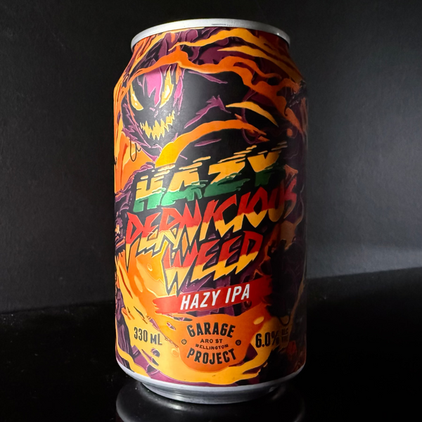 A can of Garage Project, Hazy Pernicious Weed from My Beer Dealer on a dark background.