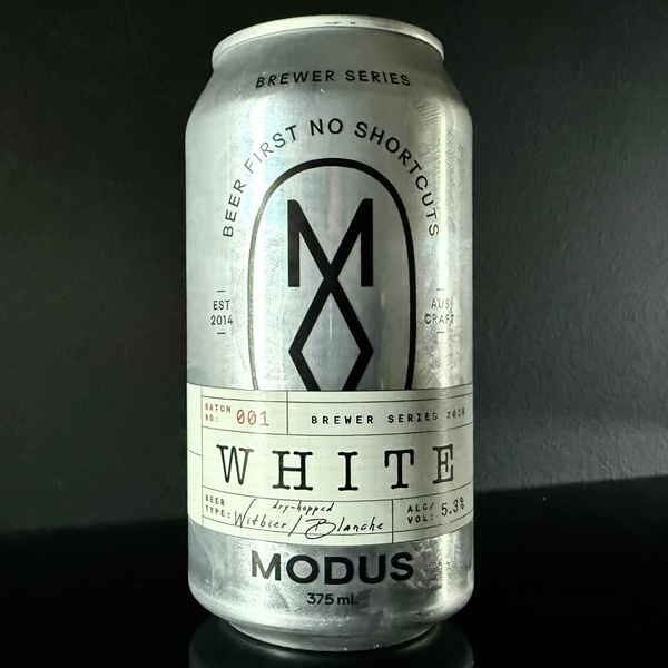 A can of Modus, Modus White: Belgian White Ale, 375ml with a black and white design on a dark background from My Beer Dealer.