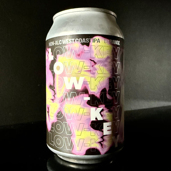 A can of Range, Low-Key Non-Alc WCIPA from My Beer Dealer on a dark background.