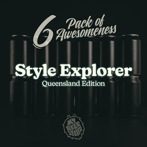A black & white tile promoting a '6 Pack of Awesomeness Style Explorer Queensland Edition' on a black background from My Beer Dealer.