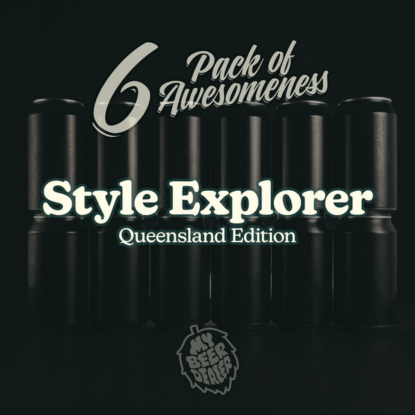 A black & white tile promoting a '6 Pack of Awesomeness Style Explorer Queensland Edition' on a black background from My Beer Dealer.