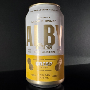 A can of Alby, Crisp from My Beer Dealer on a dark background.