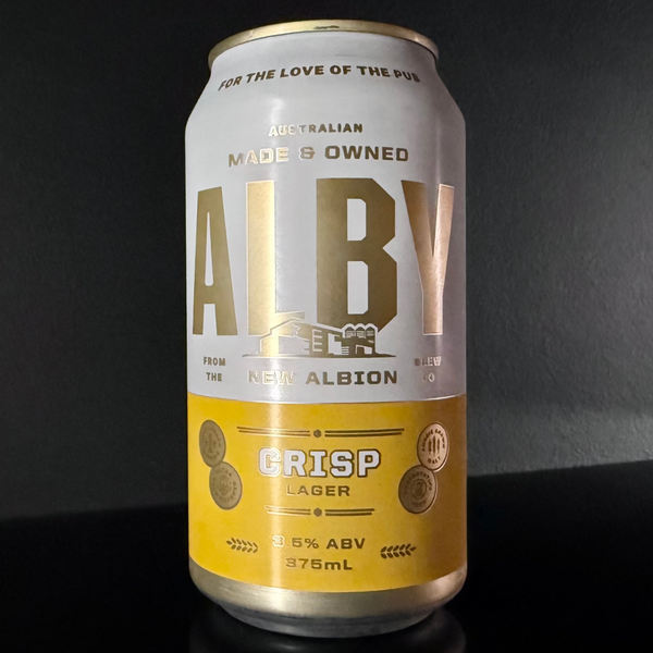 A can of Alby, Crisp from My Beer Dealer on a dark background.