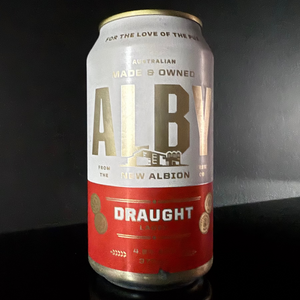 A can of Alby, Draught: Lager, 375ml from My Beer Dealer on a dark background.