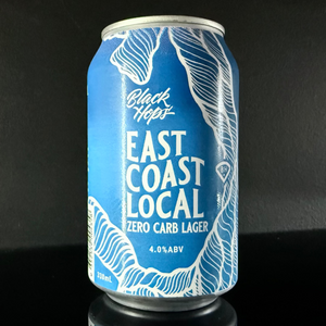 A blue and white design on can of Black Hops East Coast Local Zero Carb Lager on a black background from My Beer Dealer.