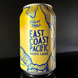 A yellow and blue designed can of Black Hops, East Coast Pacific: Pacific Lager on a black background from My Beer Dealer.