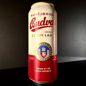 A can of Budejovicky, Budvar from My Beer Dealer on a dark background.
