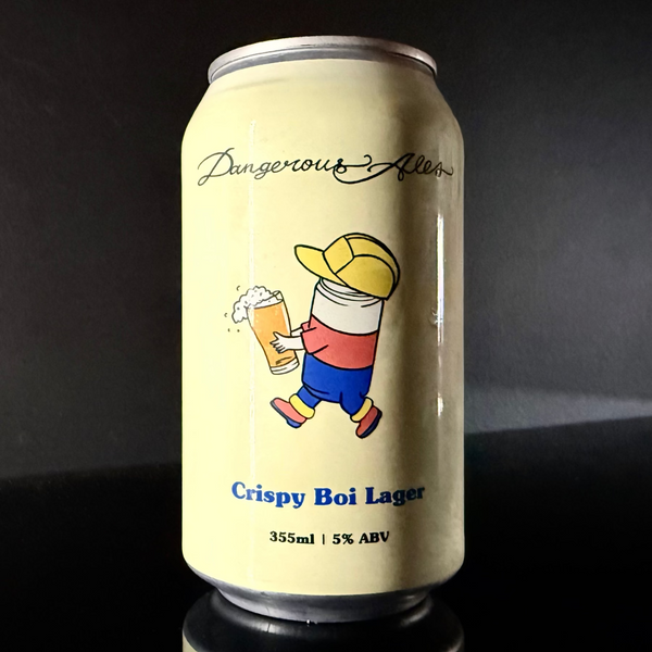 A can of Dangerous Ales, Crispy Boi Lager, 355ml from My Beer Dealer on a dark background.