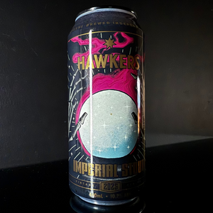 A can of Hawkers, Imperial Stout 2025, 440ml from My Beer Dealer on a dark background.