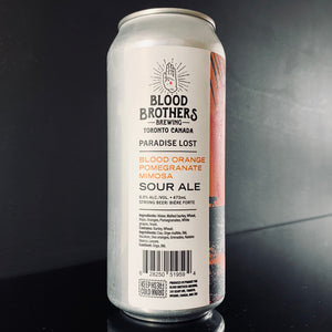 Back label of a can of Blood Brothers Brewing, Paradise Lost - Blood Orange Pomegranate Mimosa, 473ml from My Beer Dealer.