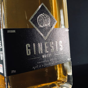 A close up of the label of White Lies Brewing & Distillery, Ginesis Whisky, 700ml from My Beer Dealer.