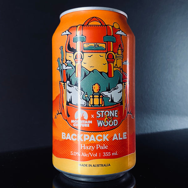 A can of Mountain Culture X Stone & Wood, Backpack Ale: Hazy Pale, 355ml from My Beer Dealer.