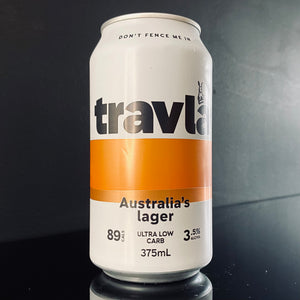 A can of Travla Beer, Australia's Lager, 375ml from My Beer Dealer.