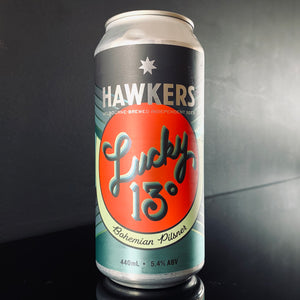 A can of Hawkers Beer, Lucky 13, 440ml from My Beer Dealer.