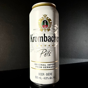 A can of Krombacher Pils from My Beer Dealer on a dark background. 