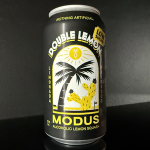 A can of Modus Brewing, Double Lemon: Hard Soda from My Beer Dealer on a dark background