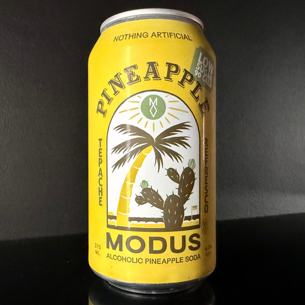 A can of Modus Brewing, Pineapple Hard Soda, 375ml from My Beer Dealer on a dark background. 