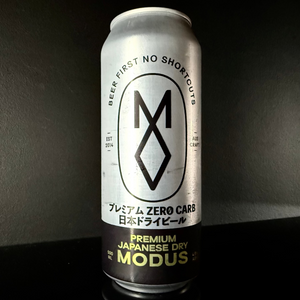 A can of Modus Premium Japanese Dry Lager on a dark background from My Beer Dealer.