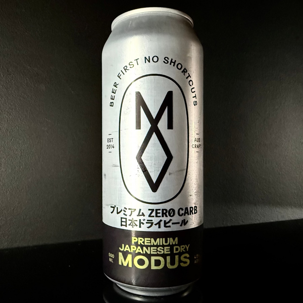 A can of Modus Premium Japanese Dry Lager on a dark background from My Beer Dealer.