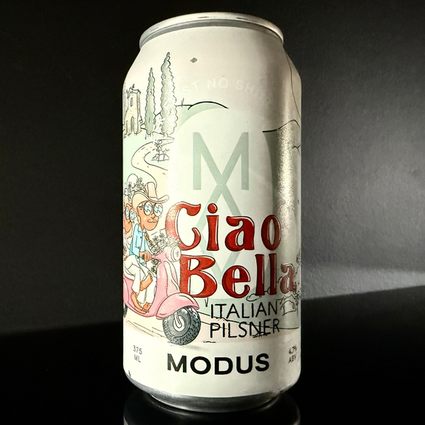 A can of Modus, Ciao Bella: Italian Pilsner with an illustration of a couple riding a Vespa on a white can from My Beer Dealer. 
