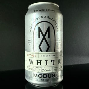 A can of Modus, Modus White: Belgian White Ale, 375ml with a black and white design on a dark background from My Beer Dealer.