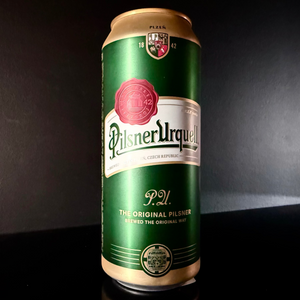 A can of Pilsner Urquell from My Beer Dealer on a dark background. 