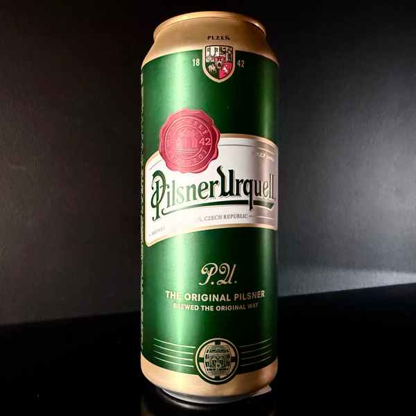 A can of Pilsner Urquell from My Beer Dealer on a dark background. 