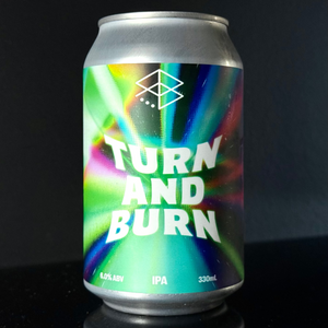 Beer can labeled 'Range Turn and Burn' with a colourful design on a black background from My Beer Dealer. 