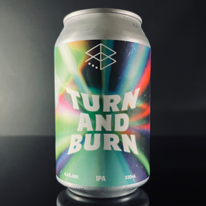 Beer can labeled 'Rane Turn and Burn' with a colourful design on a black background from My Beer Dealer. 