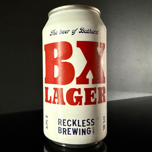 A can of Reckless, BX Lager, 375ml on a dark background from My Beer Dealer.