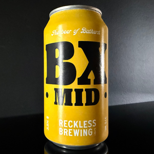 A yellow can of Reckless, BX Mid on a dark background from My Beer Dealer.