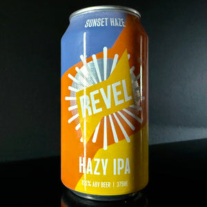 A can of Revel Hazy IPA can with sunset design on a dark background from My Beer Dealer. 
