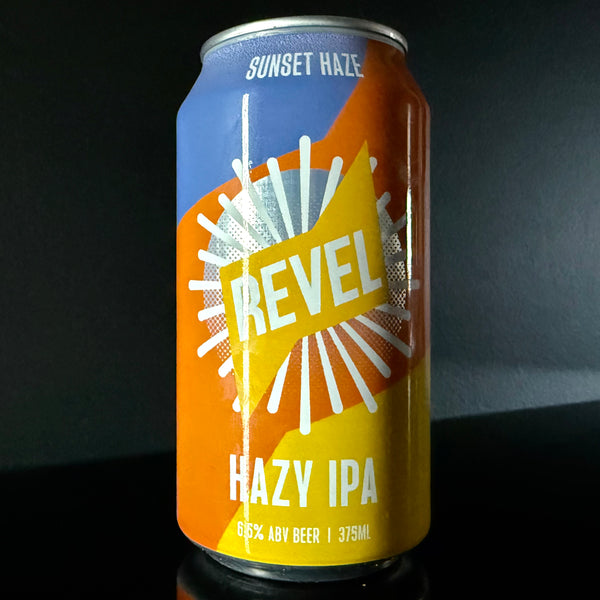 A can of Revel Hazy IPA can with sunset design on a dark background from My Beer Dealer. 