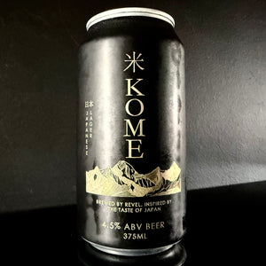 A can of Revel, Kome: Japanese Lager, 375ml from My Beer Dealer, it is black can with gold text and an illustration of mountains.