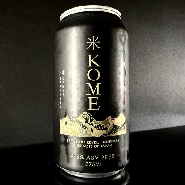 A can of Revel, Kome: Japanese Lager, 375ml from My Beer Dealer, it is black can with gold text and an illustration of mountains.
