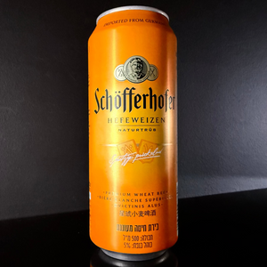 Schöfferhofer HefeWeizen beer can on a dark background from My Beer Dealer.