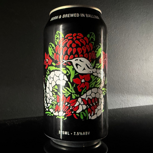 A side view of a can with a red white and green illustration of a snake wrapped around a protea flower, It's a Seven Mile Brewing Co., West Coast IPA, 375ml from My Beer Dealer on a dark background.