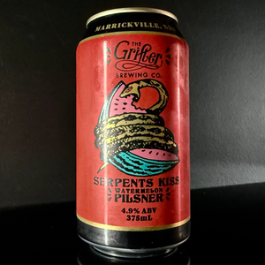 A can of The Grifter Brewing Co., Serpents Kiss from My Beer Dealer. It is a red can on a dark background with an illustration of a snake eating a watermelon.