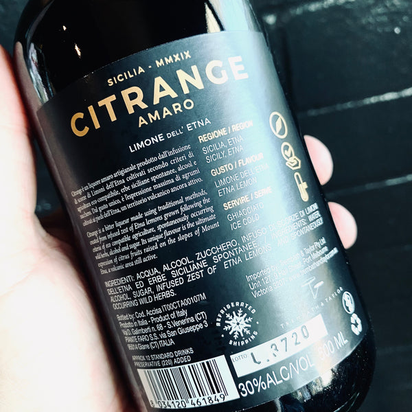 Back label of a Citrange, Limone dell Etna Amaro, 500ml