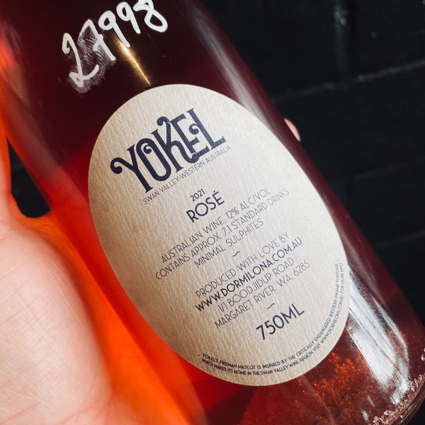 Back label of a bottle of Dormilona, Yokel Rose 2021, 750ml