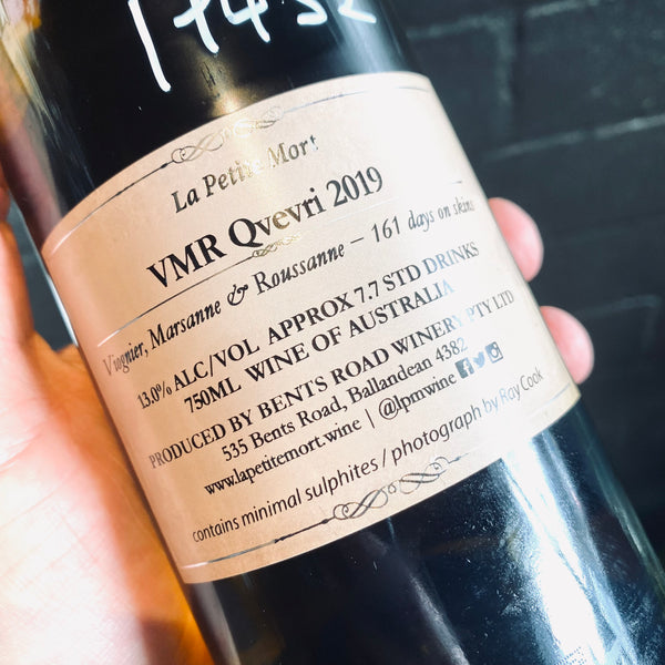 Back label of a bottle of La Petite Mort, V.M.R. Qvevri 2019