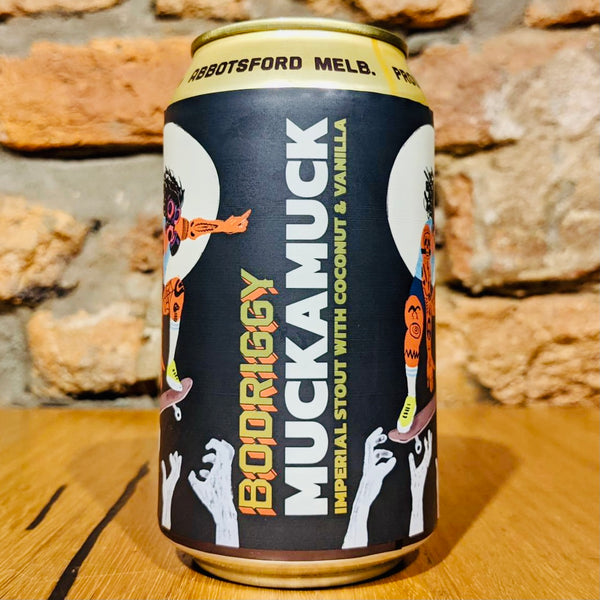 Side view of a can of Bodriggy Brewing Co., MuckaMuck Imperial Stout
