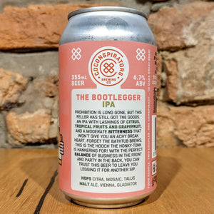 Back view of a can of CoConspirators, Bootlegger, West Coast IPA